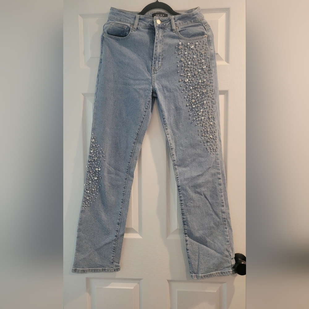 AKIRA Light Blue Straight Leg Jeans with Embellishments